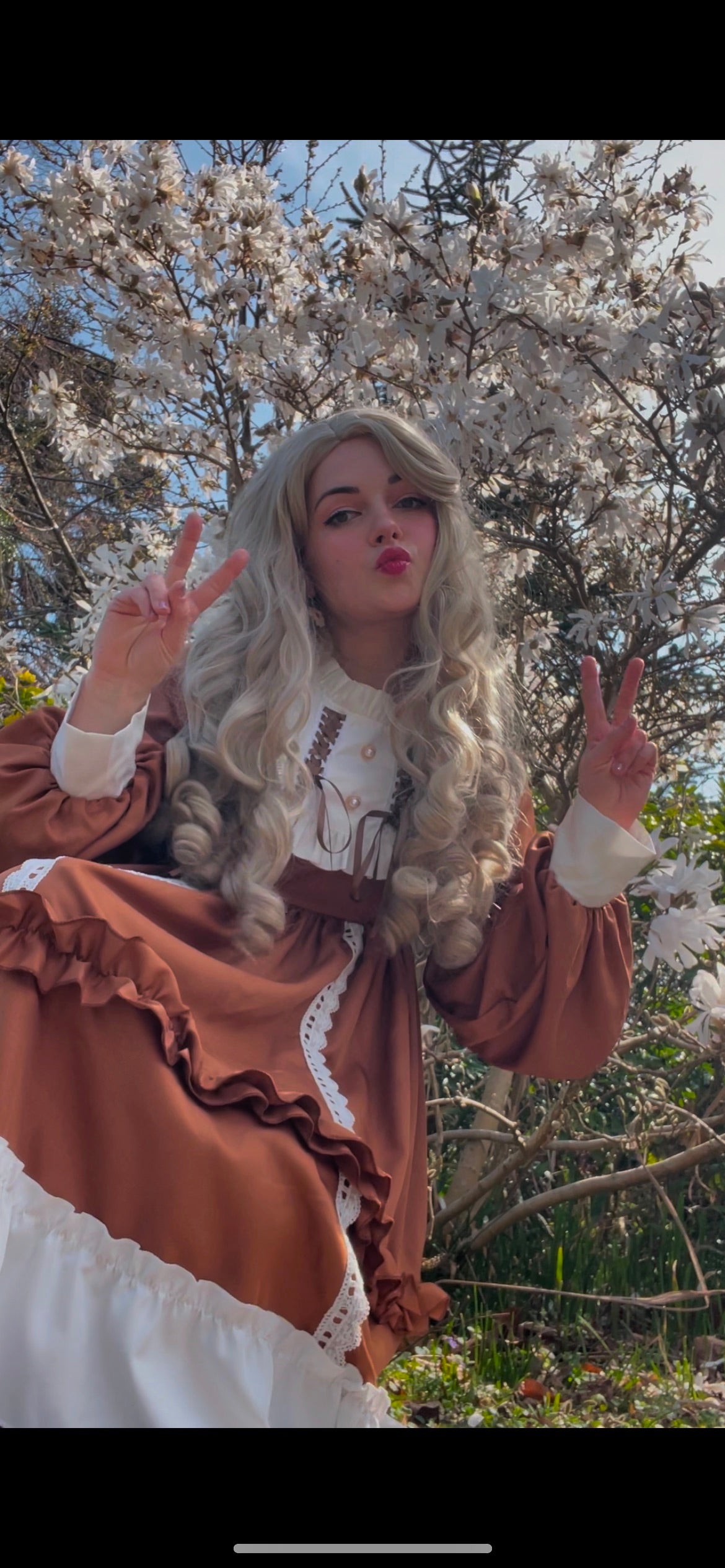 Beautiful white-brown ruched bow midi harajuku cute dress