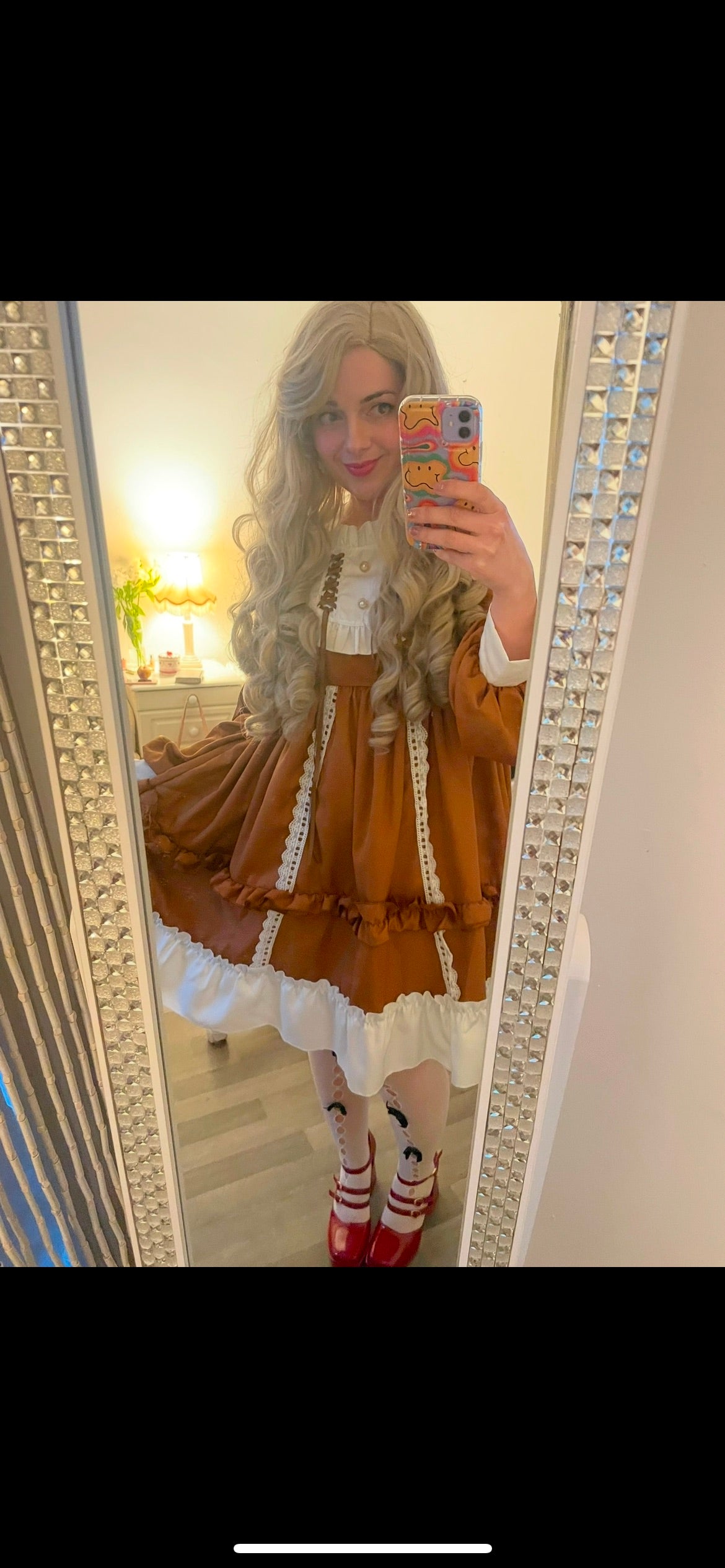 Beautiful white-brown ruched bow midi harajuku cute dress