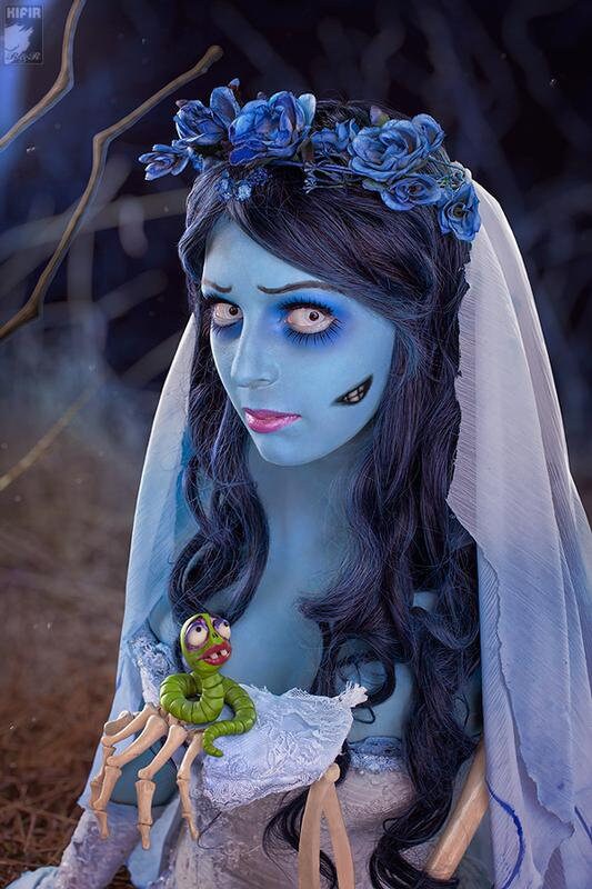Movie Corpse Zombie Cosplay Bride Costume Emily Fancy Tube Dress with Veil Women's Masquerade Gown Halloween Party Outfit/ blue long wig