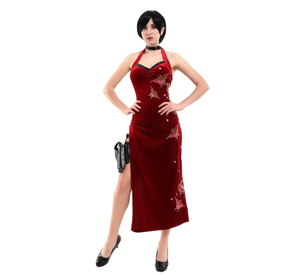 Ada Wong Resident Evil 4 long sexy red dress with butterfly embroidery, female fashion cosplay