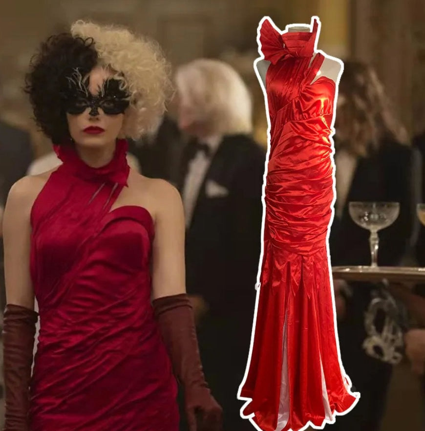 Cruella De Vil custom made costume ,coat ,evening long red dress, fashion movie female cosplay