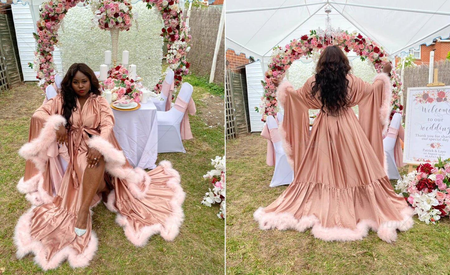 Custom made noir Bathrobe for Women Flare Sleeves Feather Bridal Robe Nightgown Silk Long Wedding Dressing Gown Photography Dress