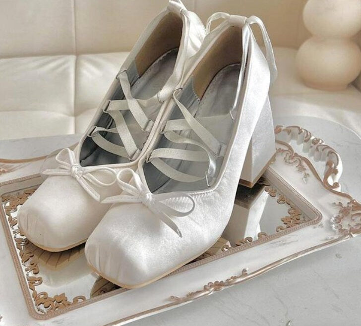 Chunky Heels Lolita balletcore,cottagecore Pumps Shoes Spring Summer French Style Elegance Women Pumps Lace Up Ballet Style Shoes