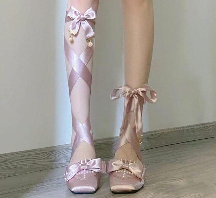 Chunky Heels Lolita balletcore,cottagecore Pumps Shoes Spring Summer French Style Elegance Women Pumps Lace Up Ballet Style Shoes