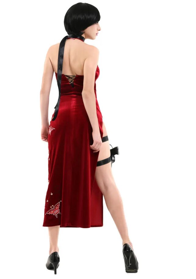 Ada Wong Resident Evil 4 long sexy red dress with butterfly embroidery, female fashion cosplay