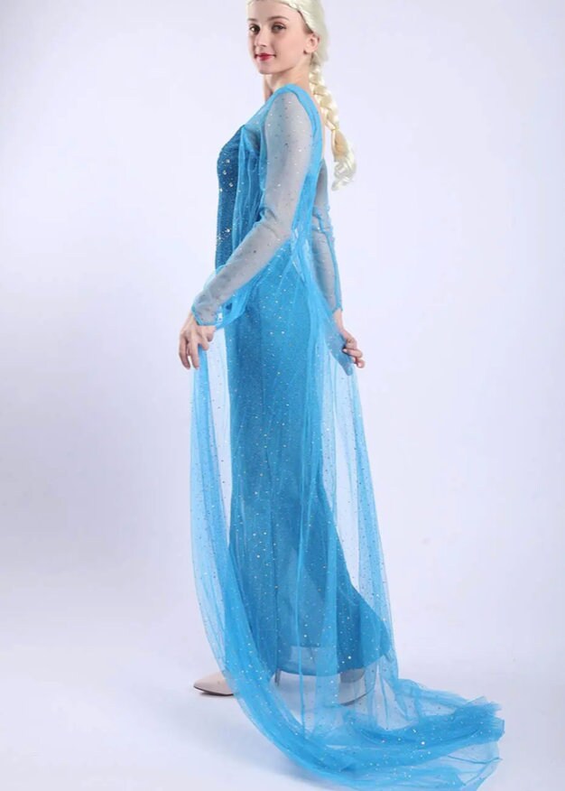 Frozen Elsa Princess Long Dress Sequin Mesh Elsa Costume Adult Snow Queen Costume Party Dress Halloween Carnival Cosplay Costume