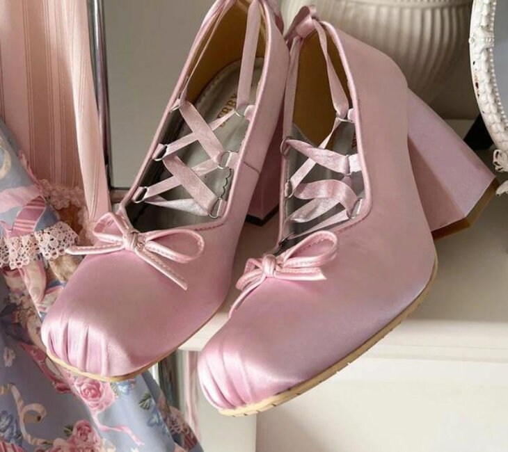 Chunky Heels Lolita balletcore,cottagecore Pumps Shoes Spring Summer French Style Elegance Women Pumps Lace Up Ballet Style Shoes