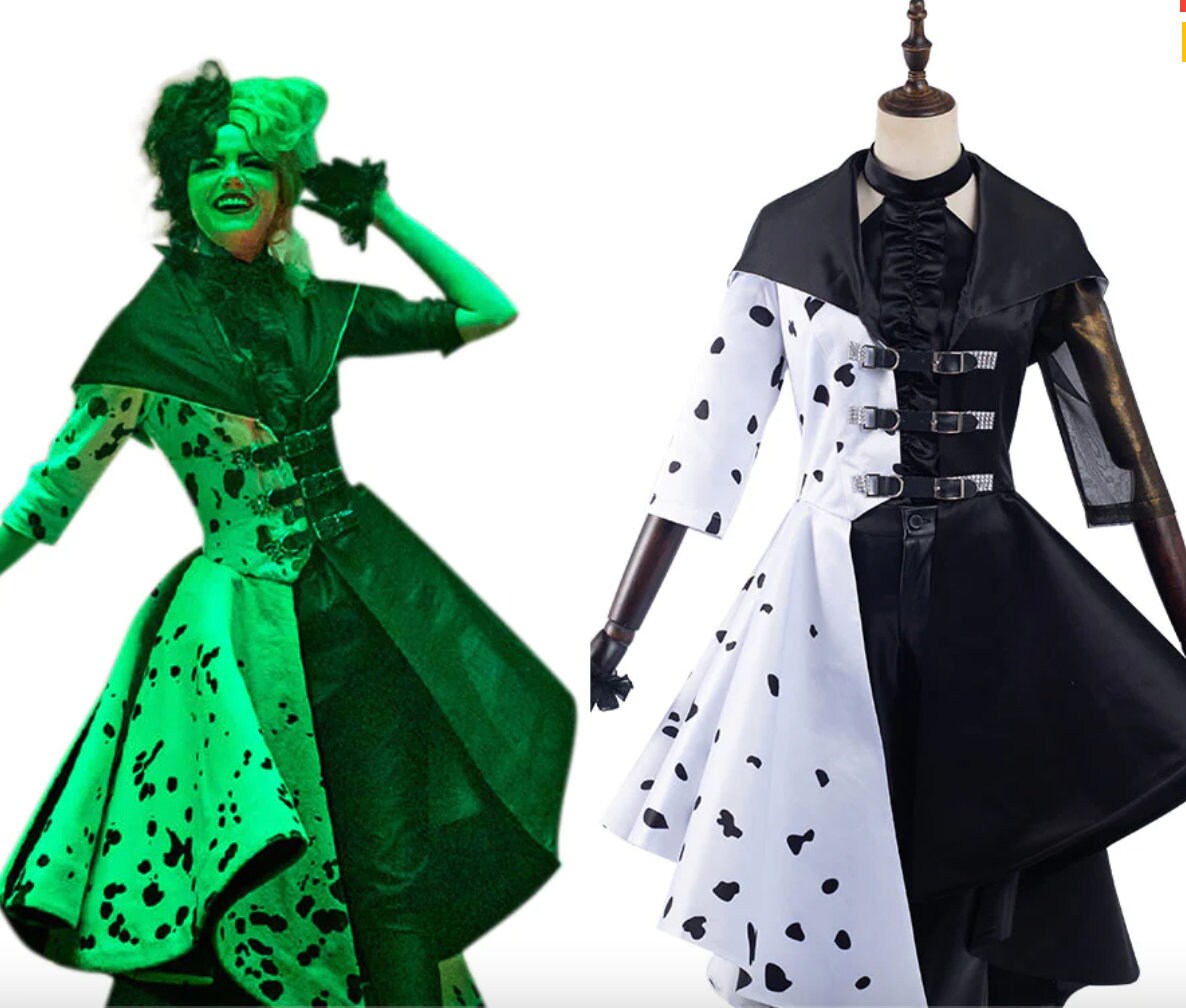 Cruella De Vil custom made costume ,coat ,evening long red dress, fashion movie female cosplay