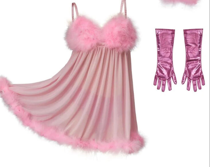 Austin Powers Fembot Cosplay Costume Suspender Skirt Gloves Panties Pink Sexy Mini Dress Women Feather Suspender Dress