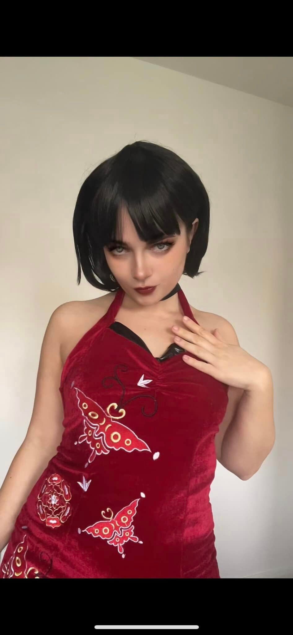 Ada Wong Resident Evil 4 long sexy red dress with butterfly embroidery, female fashion cosplay