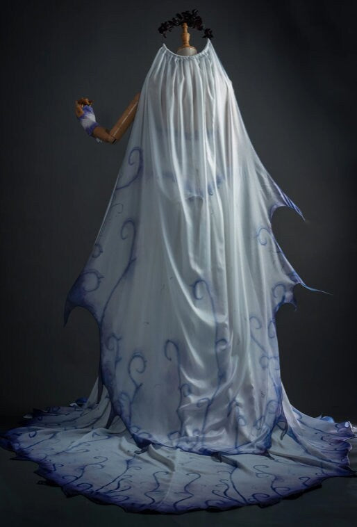 Movie Corpse Zombie Cosplay Bride Costume Emily Fancy Tube Dress with Veil Women's Masquerade Gown Halloween Party Outfit/ blue long wig