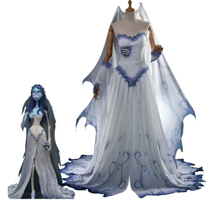 Movie Corpse Zombie Cosplay Bride Costume Emily Fancy Tube Dress with Veil Women's Masquerade Gown Halloween Party Outfit/ blue long wig