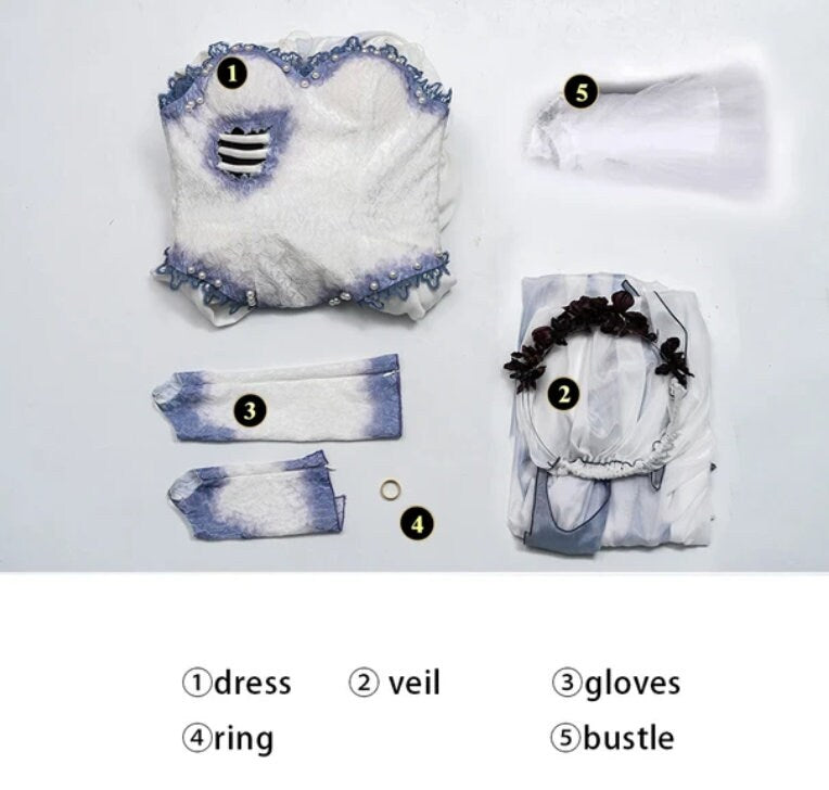 Movie Corpse Zombie Cosplay Bride Costume Emily Fancy Tube Dress with Veil Women's Masquerade Gown Halloween Party Outfit/ blue long wig