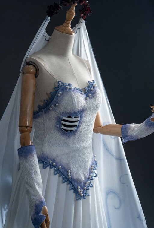 Movie Corpse Zombie Cosplay Bride Costume Emily Fancy Tube Dress with Veil Women's Masquerade Gown Halloween Party Outfit/ blue long wig