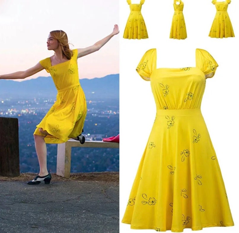 Custom made La La Land Emma Stone Mia Cosplay Costumes Yellow Green Elegant Ladies Women Long Party Dresses Summer Style Adults Dresses