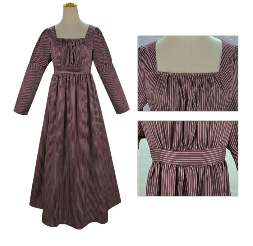 Jane Austen Pride and Prejudice Costume Brown Dress Victorian Regency Dress Retro High Waisted Tea Party Dress Ball Gown