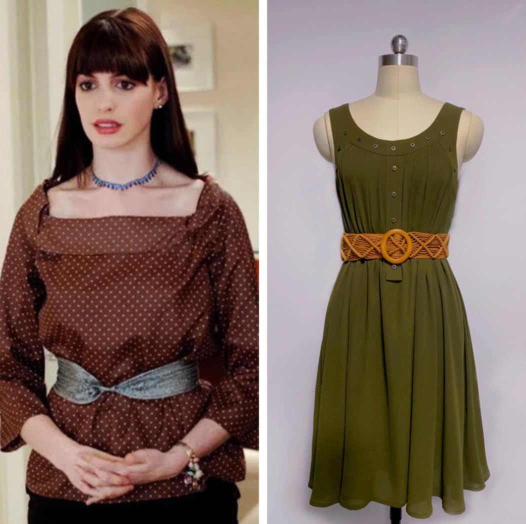 Custom made Devil Movie Wears Cosplay Andrea Sachs Costume Hathaway Women's Green Sleeveless Dress ,brown blouse Halloween Outfit