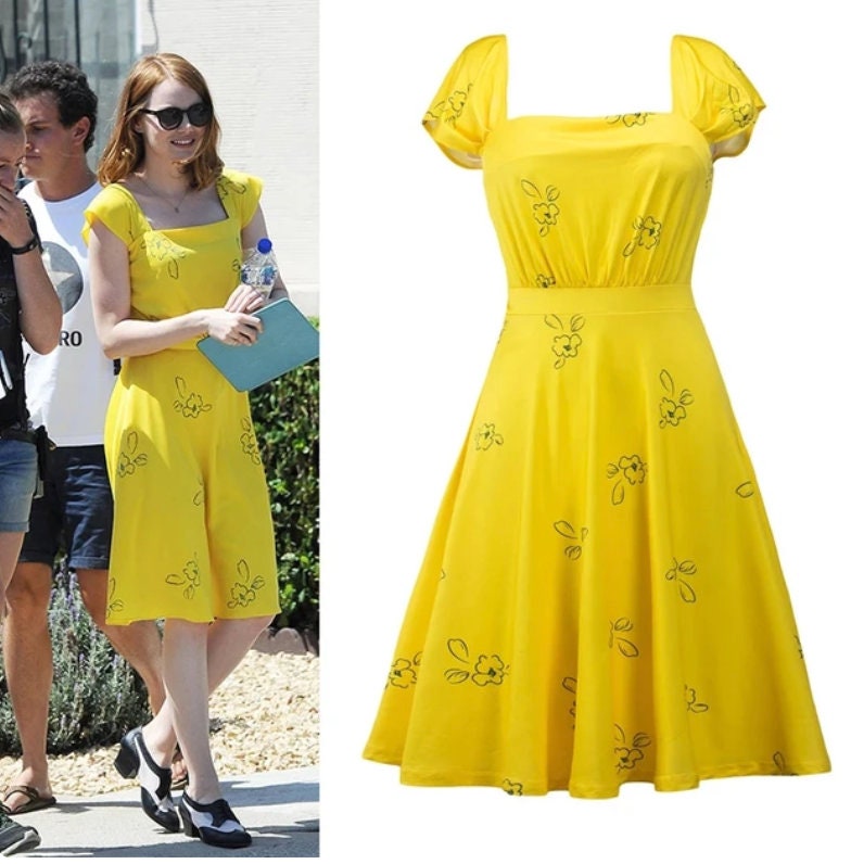 Custom made La La Land Emma Stone Mia Cosplay Costumes Yellow Green Elegant Ladies Women Long Party Dresses Summer Style Adults Dresses