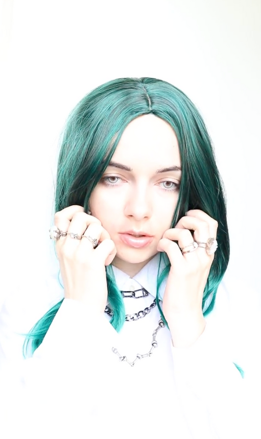 Bad Guy green blue short synthetic wig, funny cosplay, short wigs women