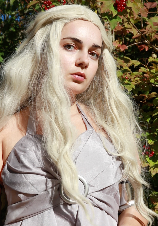 Medieval Dragon queen cosplay blonde wavy wig, custom styled, women haircare, historic cosplay, mother of dragons halloween look