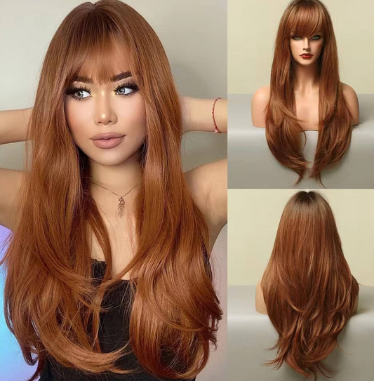 Ginger Wig with Bangs - Auburn Wigs for Women, Copper Red Long Realistic Hair, Best Heat Resistant Wigs for Daily/Halloween/Party/Cosplay