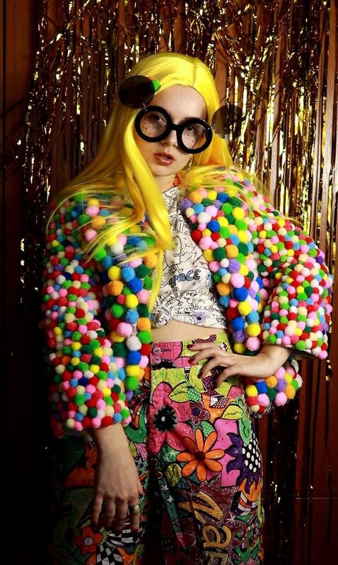 Unique custom-made pom pom jacket, bright outwear ,fashion designer coat