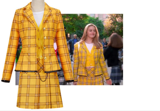 Custom made Clueless Cher Horowitz Complete Cosplay , blazer,Coat Top Vest Short Skirt Suit, yellow plaid costume