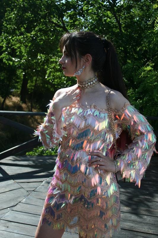 Amazing shiny holographic mini dress with shorts, bling dress, glamour style, sequin dress