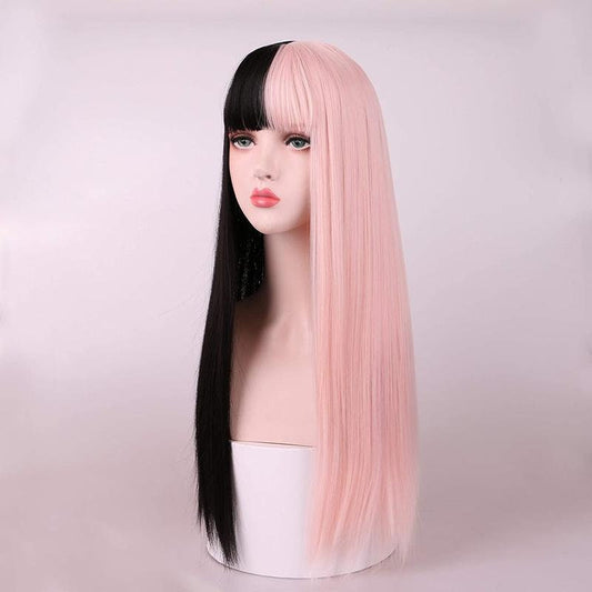 Black Pink E-girl Split long wig, women wig with cap, fashion hair, split hair wig