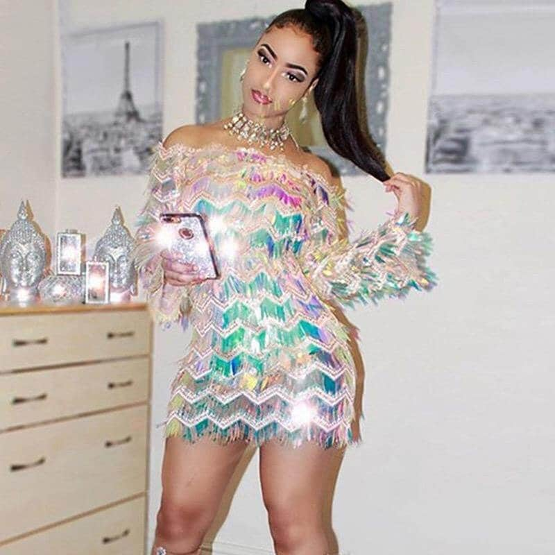 Amazing shiny holographic mini dress with shorts, bling dress, glamour style, sequin dress