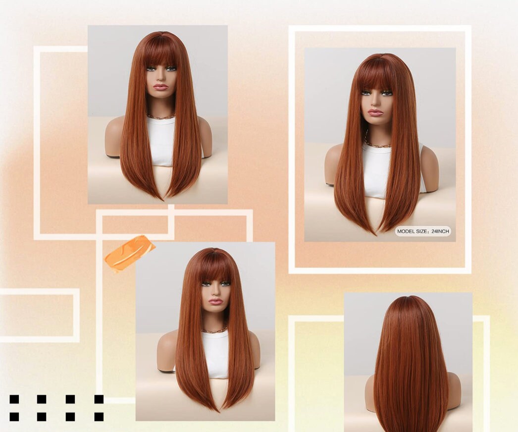 Ginger Wig with Bangs - Auburn Wigs for Women, Copper Red Long Realistic Hair, Best Heat Resistant Wigs for Daily/Halloween/Party/Cosplay