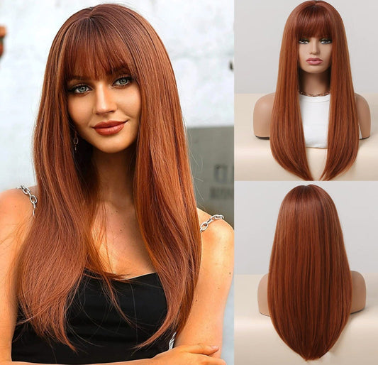 Ginger Wig with Bangs - Auburn Wigs for Women, Copper Red Long Realistic Hair, Best Heat Resistant Wigs for Daily/Halloween/Party/Cosplay