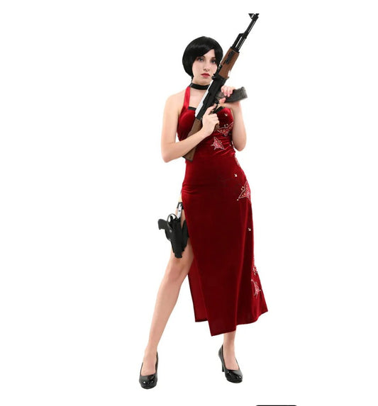 Ada Wong Resident Evil 4 long sexy red dress with butterfly embroidery, female fashion cosplay