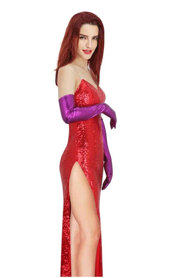 Movie Who Framed Roger Rabbit Jessica Cosplay Dress High Split Red Sequined Dresses with Purple Gloves Halloween Cosplay Outfits