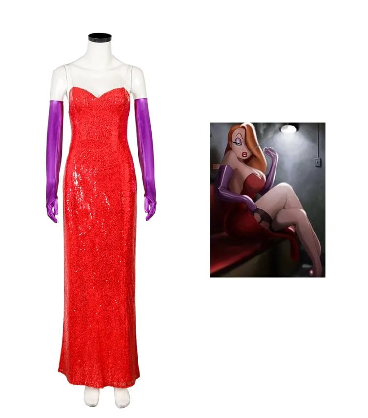 Movie Who Framed Roger Rabbit Jessica Cosplay Dress High Split Red Sequined Dresses with Purple Gloves Halloween Cosplay Outfits