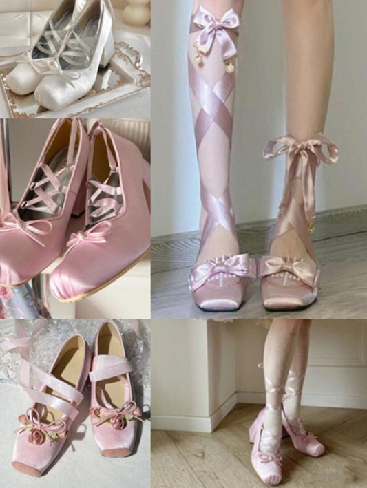 Chunky Heels Lolita balletcore,cottagecore Pumps Shoes Spring Summer French Style Elegance Women Pumps Lace Up Ballet Style Shoes