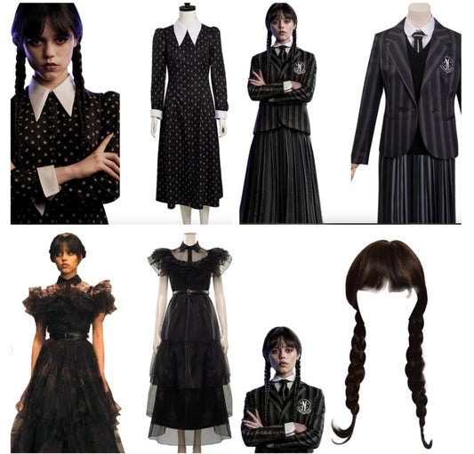 Custom made Wednesday Addams costume dress Wig TV Women Jenna Ortega Black Dress Outfits Cosplay Costume Halloween Carnival Party Suit