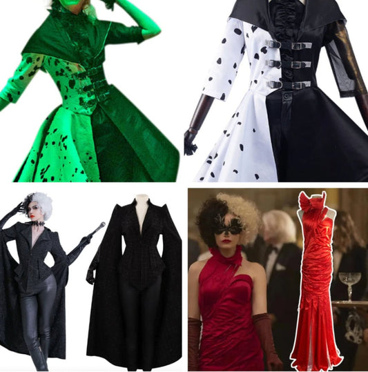 Cruella De Vil custom made costume ,coat ,evening long red dress, fashion movie female cosplay