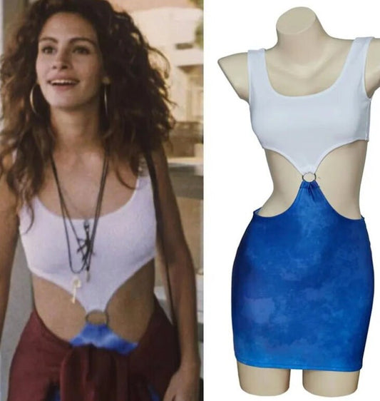 Movie Pretty Woman Julia Roberts Cosplay Vivian Ward Sexy Blue Bare Waist Tie-Dye Cutout Dress