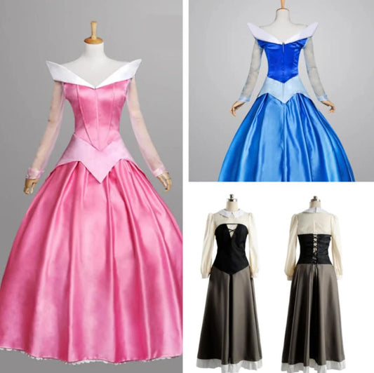 Halloween Adult Sleeping Beauty Blue Dress Princess Aurora Pink Dress Costume Deluxed Stage Dress S- XL Custom Order