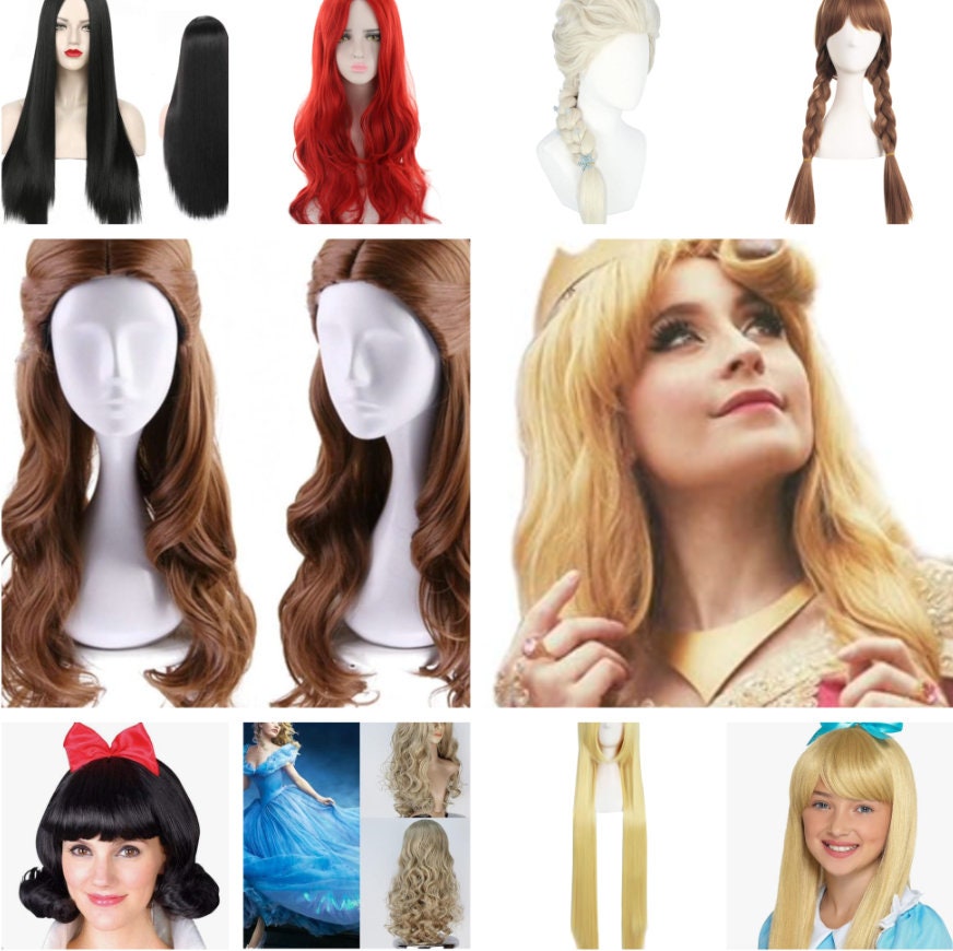 Custom styled Princess Disney Wig for Aurora,Belle, Ariel,Cinderella,Snow White,Rapunzel,Mulan,Pocahontas,Anna,Elsa Girl Women Wigs Cosplay