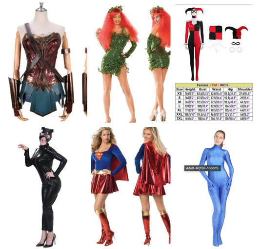 Custom made DC comics Marvel female superheroes Wonder Woman, Cat Woman, Poison Ivy, Super Girl, Harley Quinn Men X Party cosplay outfits