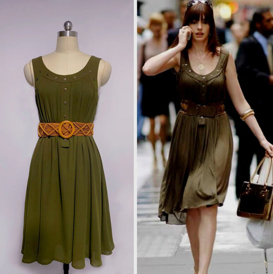 Custom made Devil Movie Wears Cosplay Andrea Sachs Costume Hathaway Women's Green Sleeveless Dress ,brown blouse Halloween Outfit